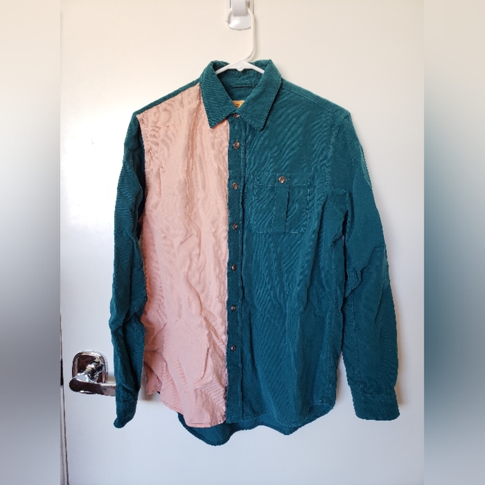 Colorblock corduroy teal green peach men's button down